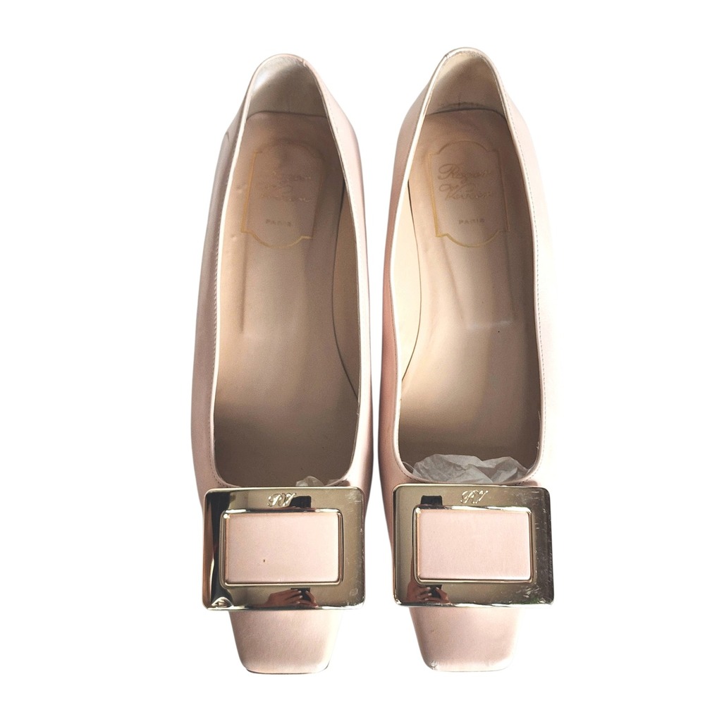 Roger Vivier Blush Pink Leather Buckle Flats Square Toe Size 37